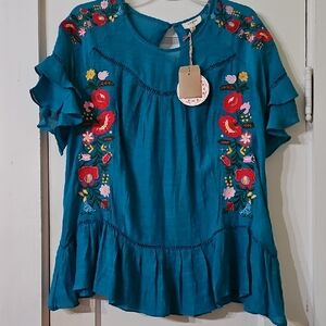 Embroidered Teal Ruffle Sleeve Top